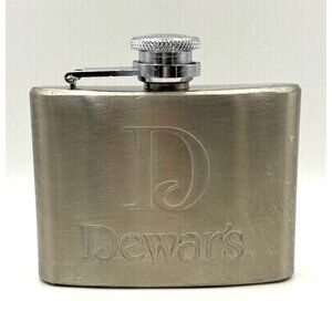 Vintage Dewars Scotch Whisky Stainless Steel 4oz Pocket Shot Flask Hinged Cap